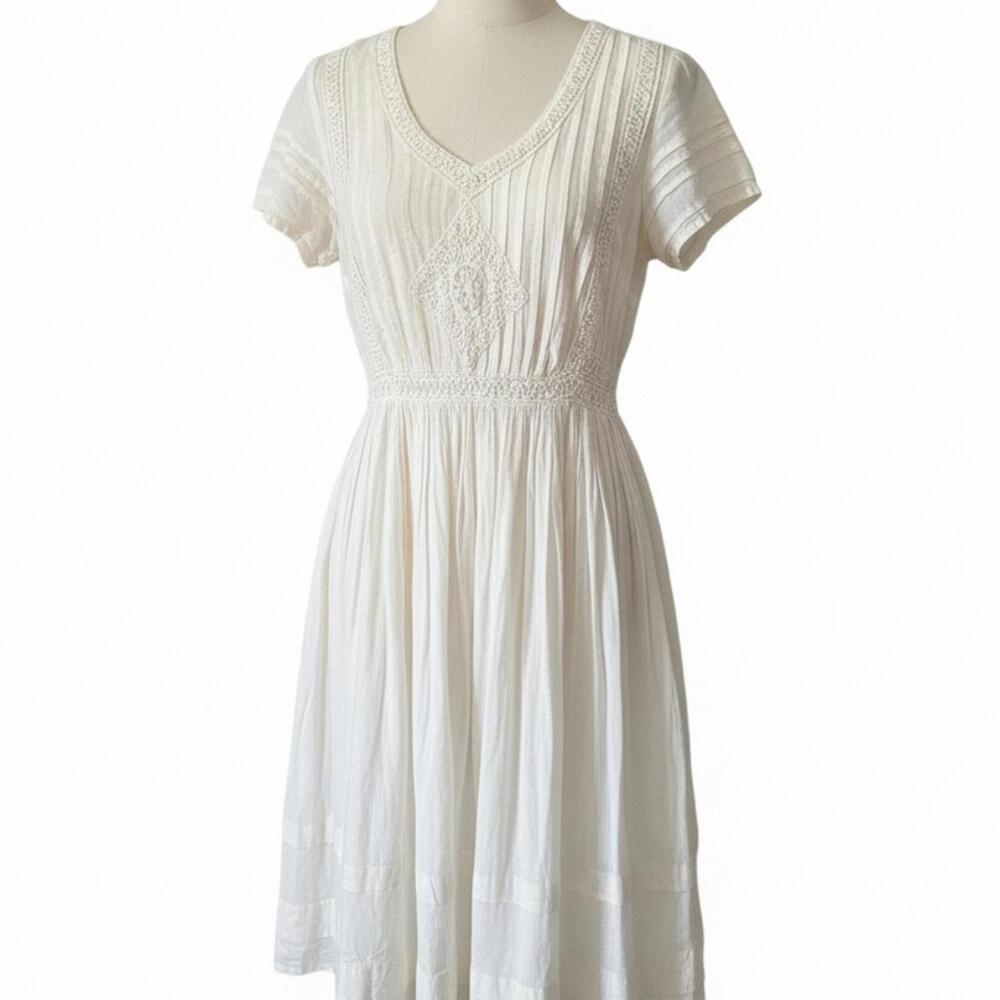 Urban Outfitters Cream Boho Cottagecore Dress | Embroidered Pintuck dress Size 0 - Picture 2 of 9